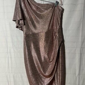 Gabby Skye Metallic One Shoulder Dress - Rose Gold